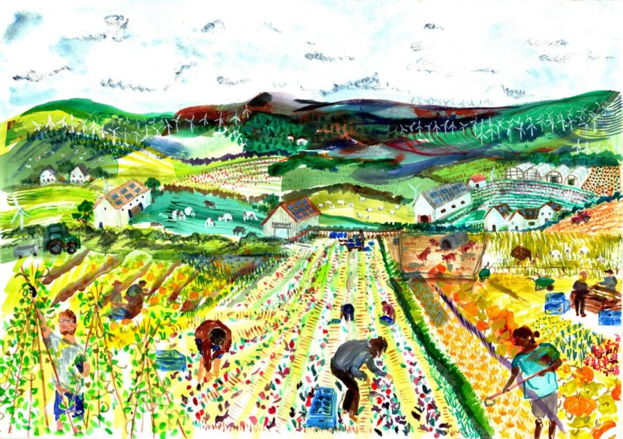 A painted view of fields and polytunnels on a hillside, with people picking vegetables in the rows below