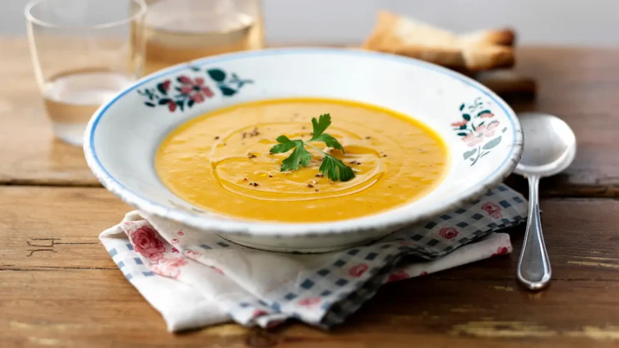 A bowl of soup with a sprig of parsley, on a wooden table beside a spoon and bread